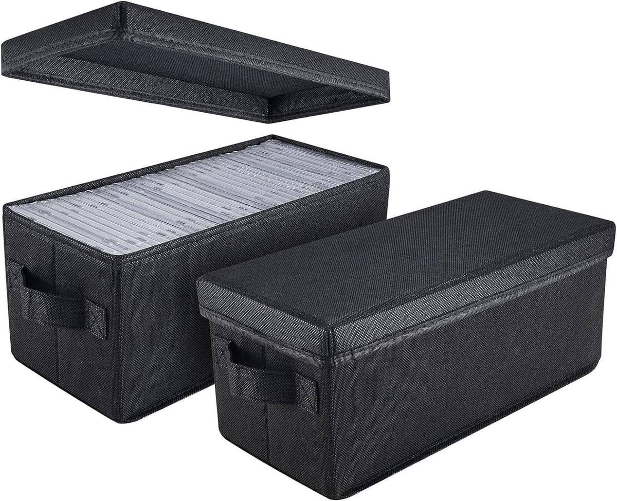 Set of 2 black fabric CD storage boxes with hinged lids and side handle pockets