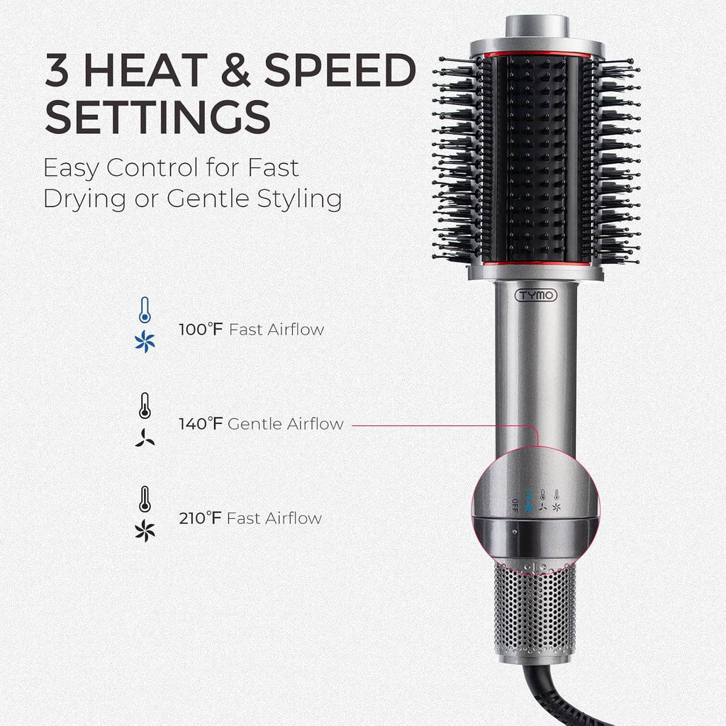 Hair blow dryer brush with black bristles, silver body, and control settings window