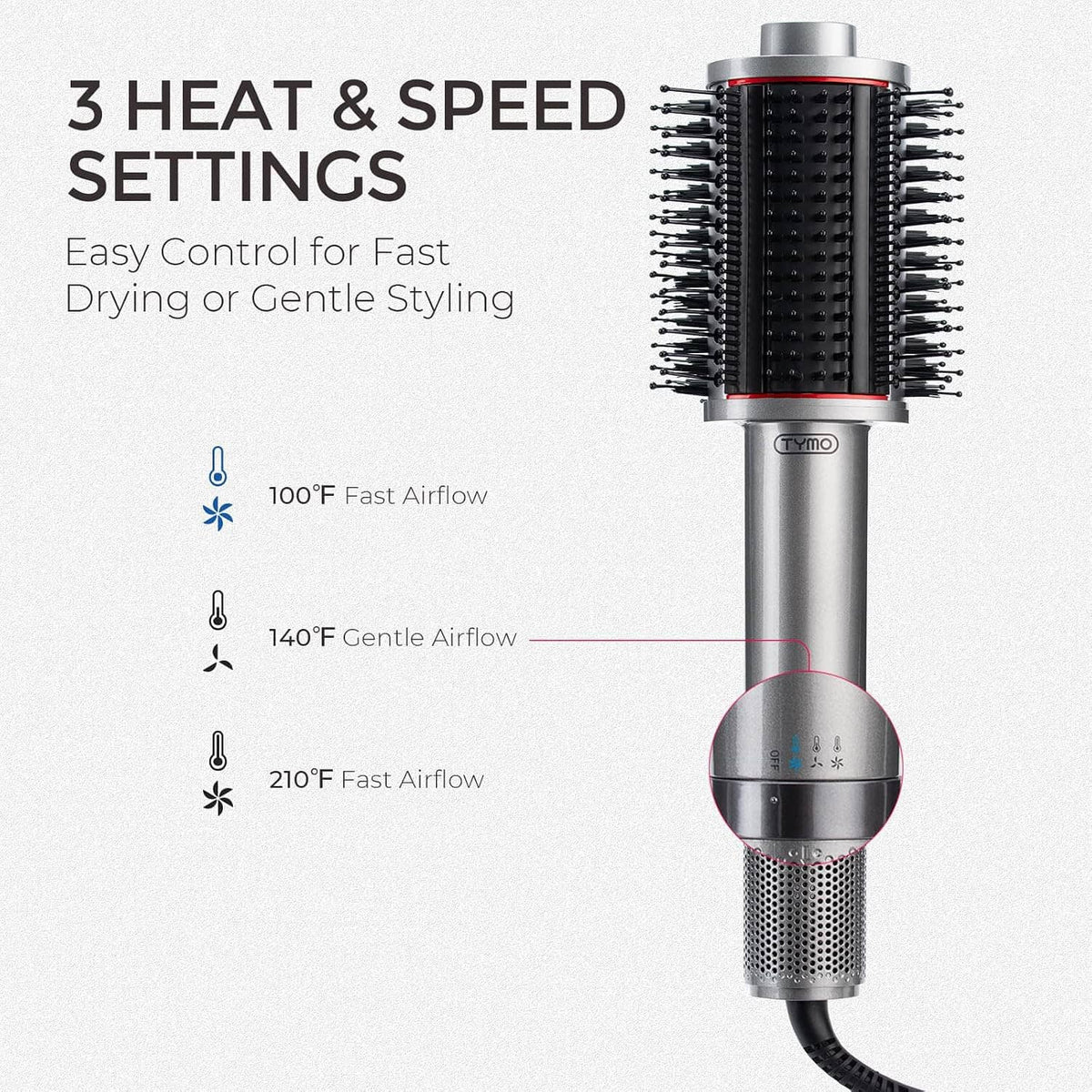 Hair blow dryer brush with black bristles, silver body, and control settings window