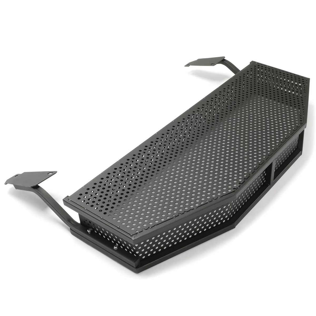 Perforated cargo basket tray with black mounting supports and side bracket tabs