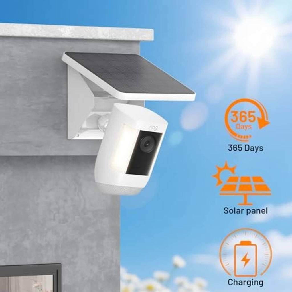 Wall-mounted solar charging mount with textured black panel and illuminated Ring camera