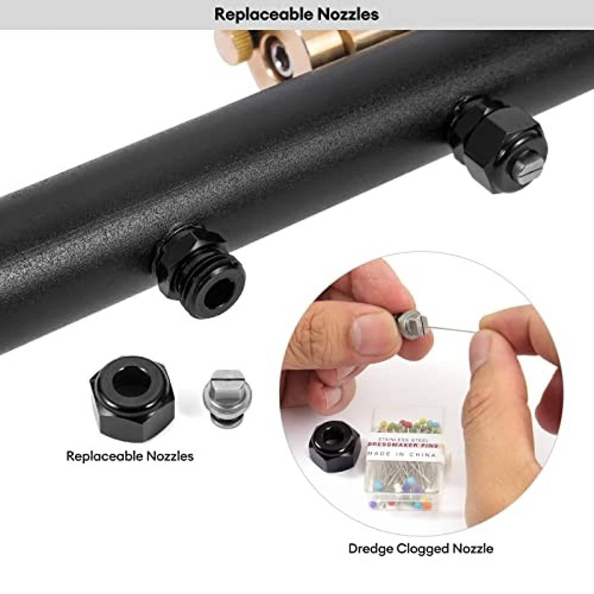 Replaceable nozzles on black pressure washer wand with quick-swap nozzle caps and lock ring