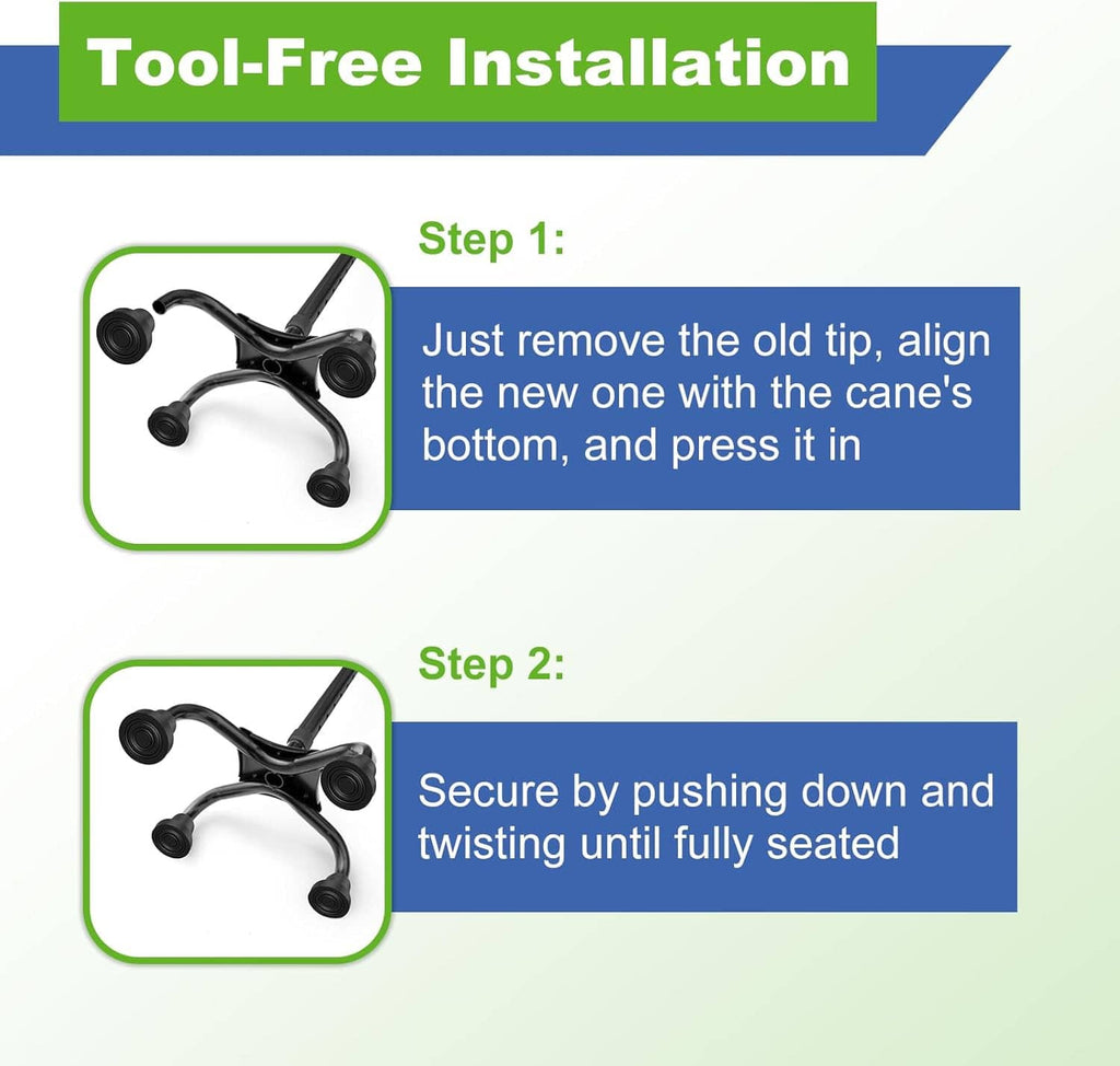 Tool-free install steps for quad cane rubber tips: align, press, then twist