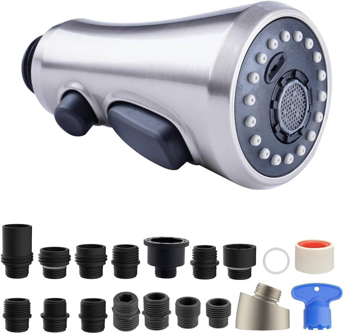 Brushed nickel pull-down kitchen faucet spray head with multi-jet nozzle