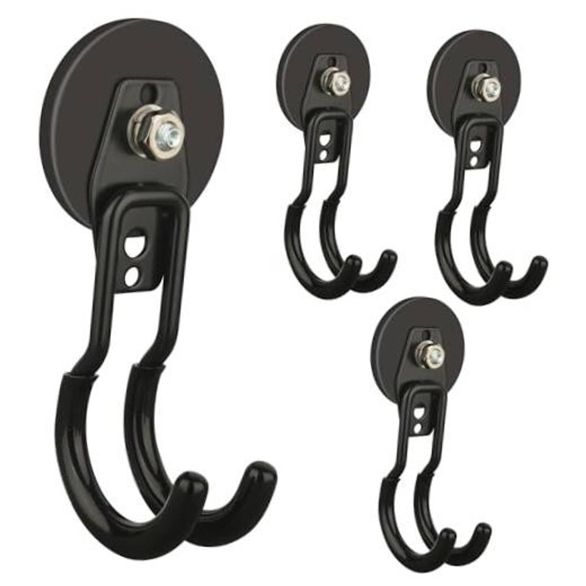 Black medium magnetic garage hooks set with two curved hanging prongs and metal screw mount
