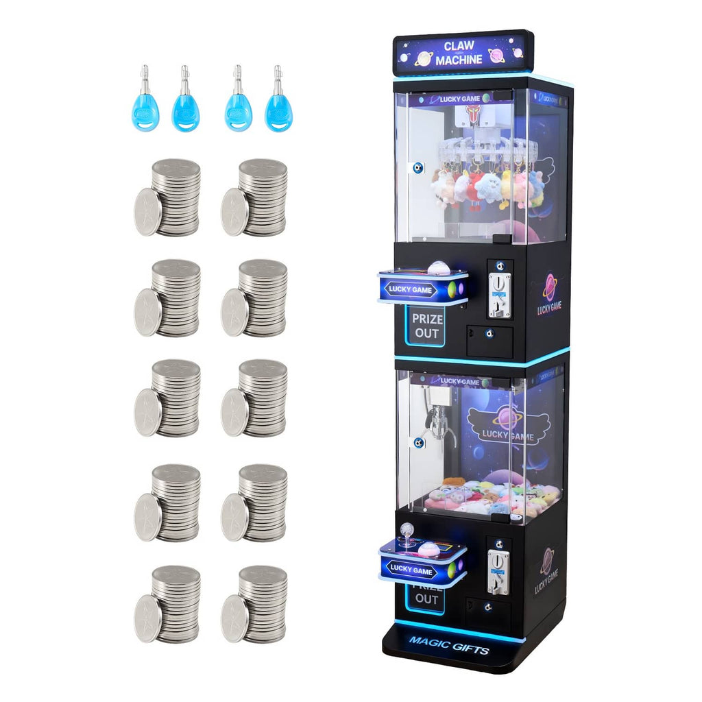 Claw crane arcade toy machine with lit panels and prize window, shown with coins and charms