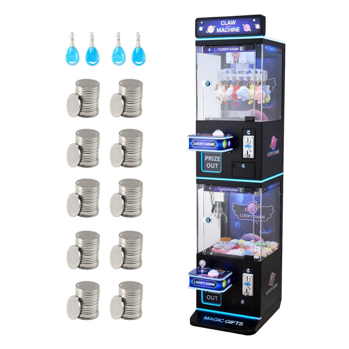 Claw crane arcade toy machine with lit panels and prize window, shown with coins and charms