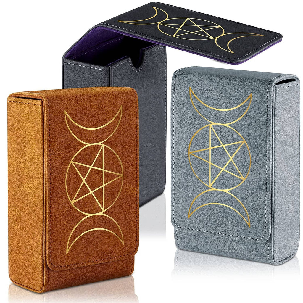 Tarot card cases in black, brown, and gray with gold geometric moon-and-star designs