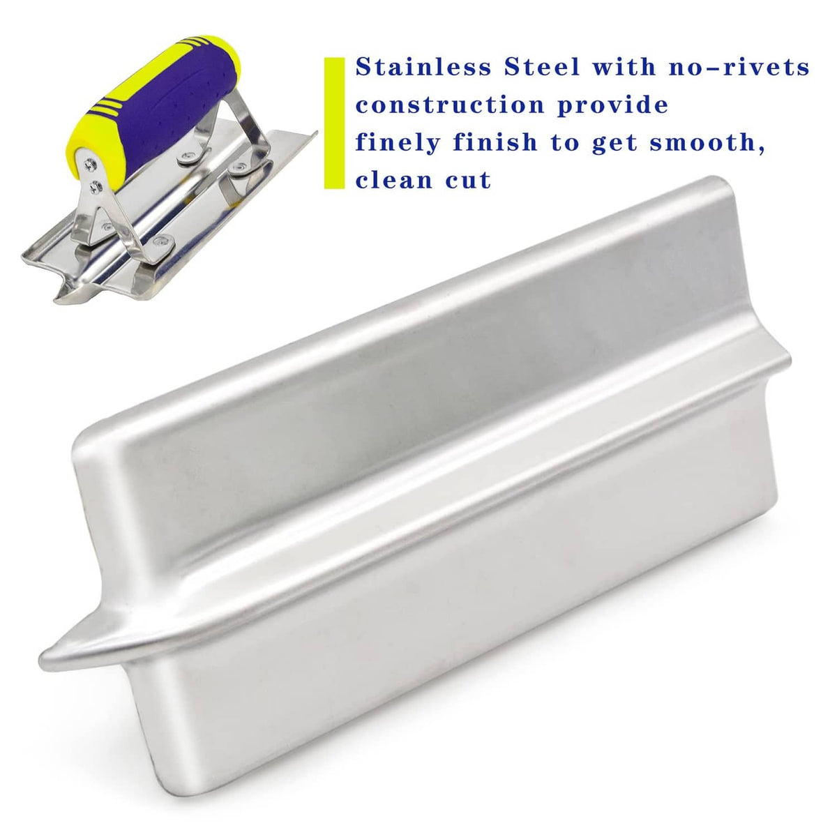 Stainless steel hand edger with yellow-and-purple foam grip and smooth metal blade.