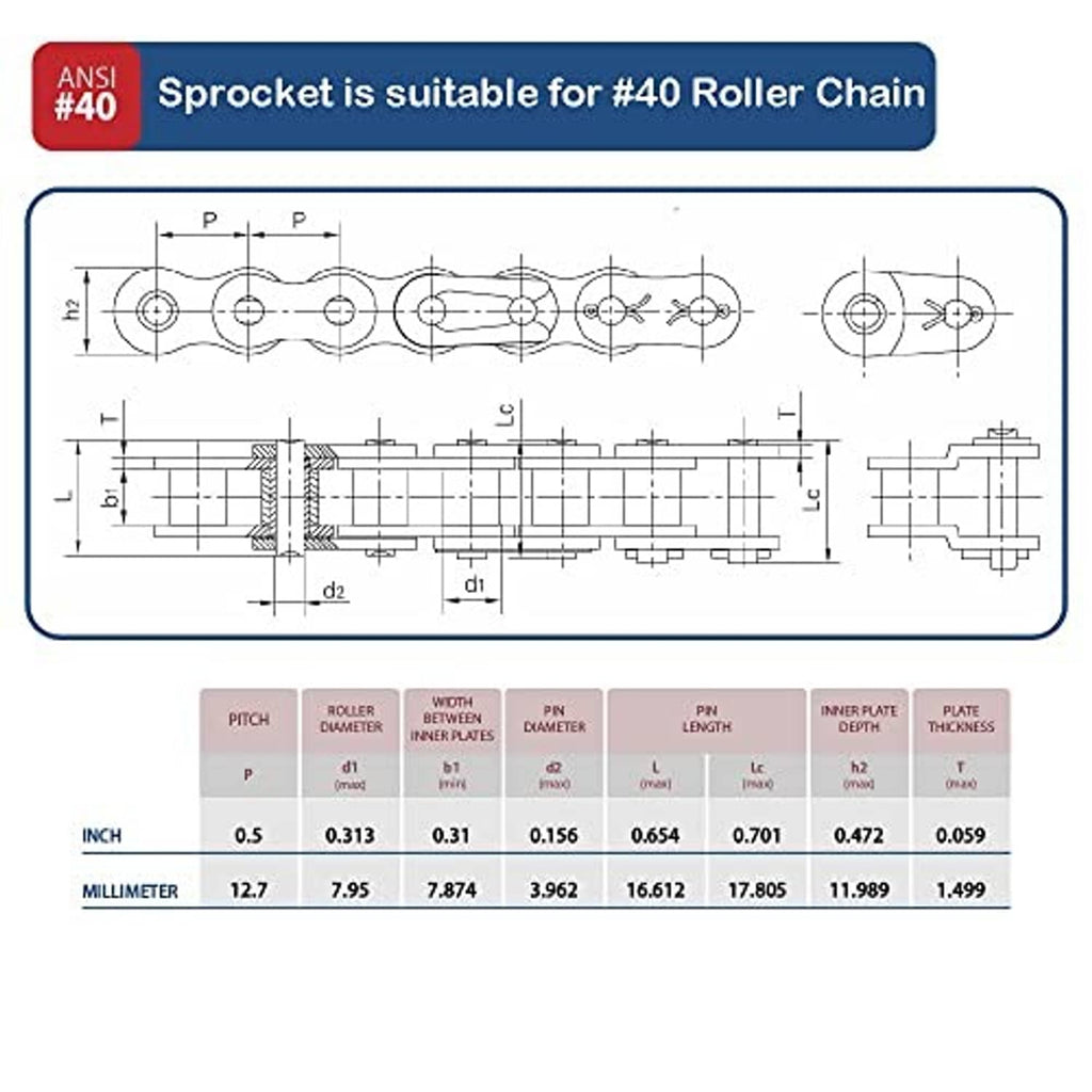 Technical drawing showing #40 roller chain sprocket dimensions and tooth profile