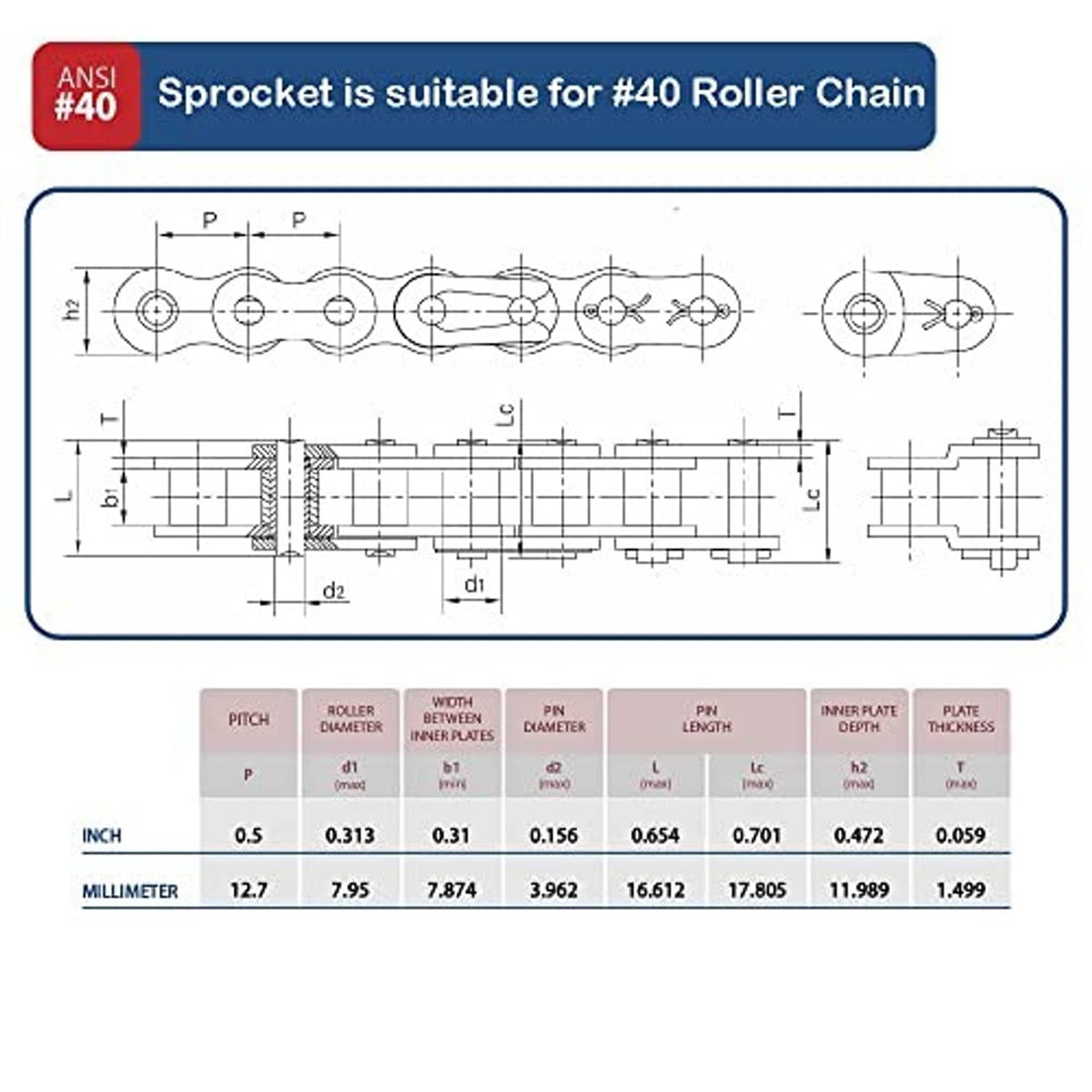 Technical drawing showing #40 roller chain sprocket dimensions and tooth profile