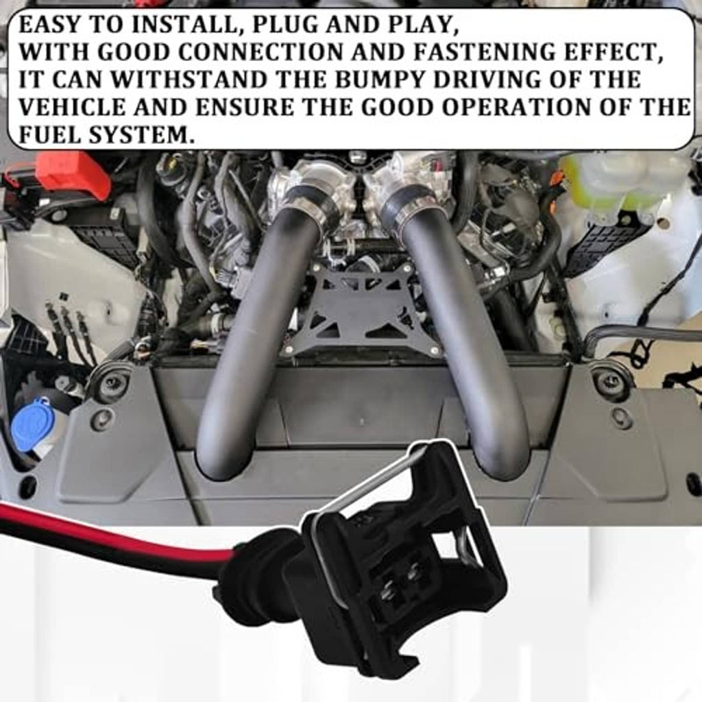 Fuel injector connector plug with black housing and red/black wire leads