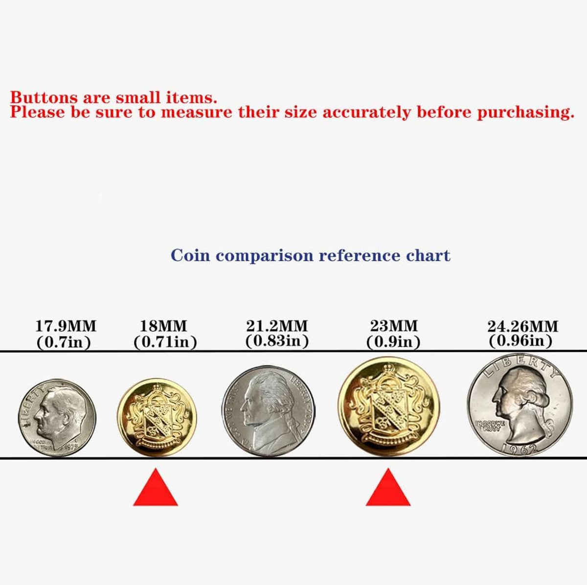 Metal button size comparison chart with gold and silver coin reference icons