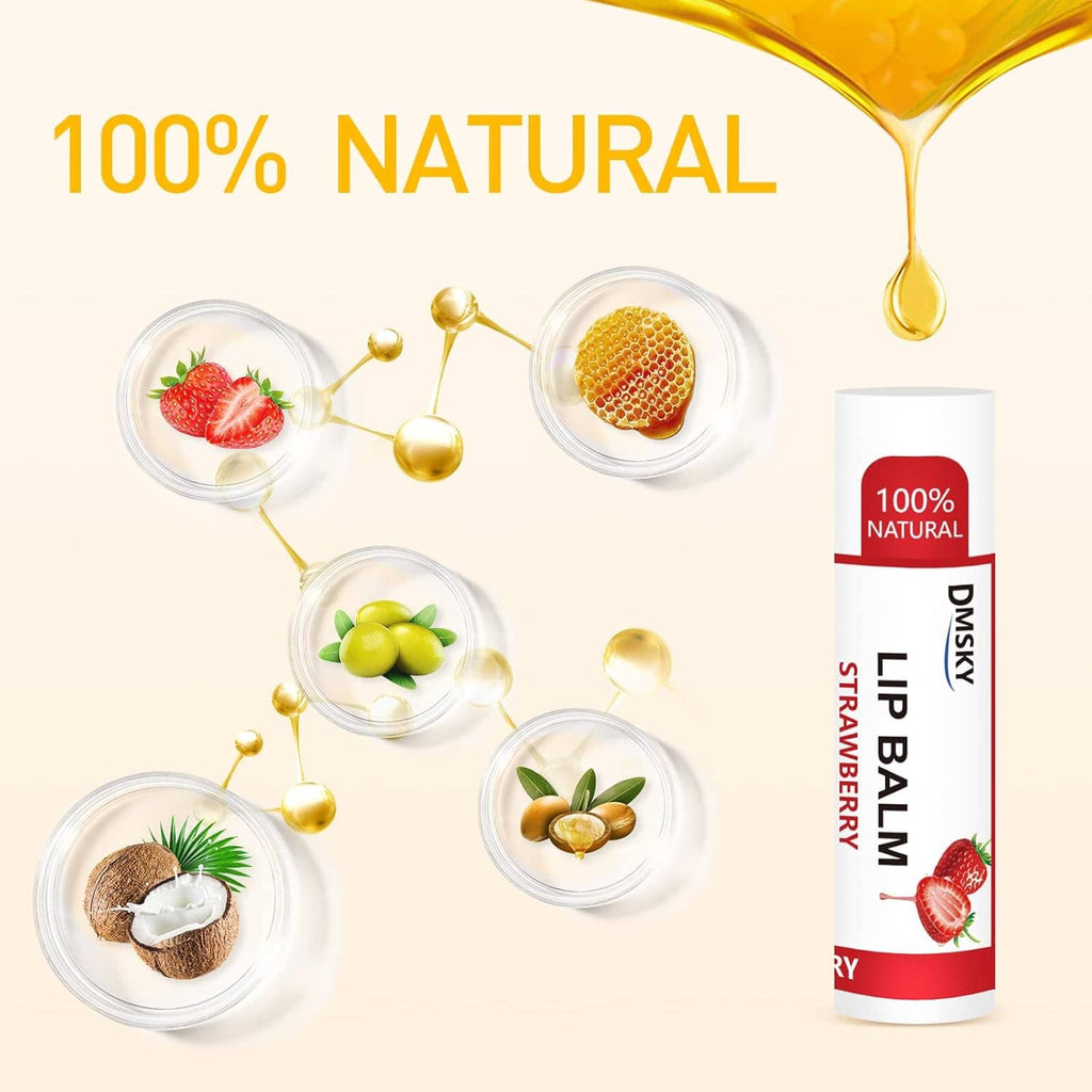 Natural lip balm tube with fruit oil ingredients shown around it