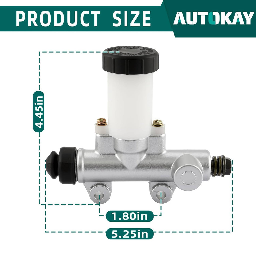Go-kart brake master cylinder with white reservoir and black cap, with size markers