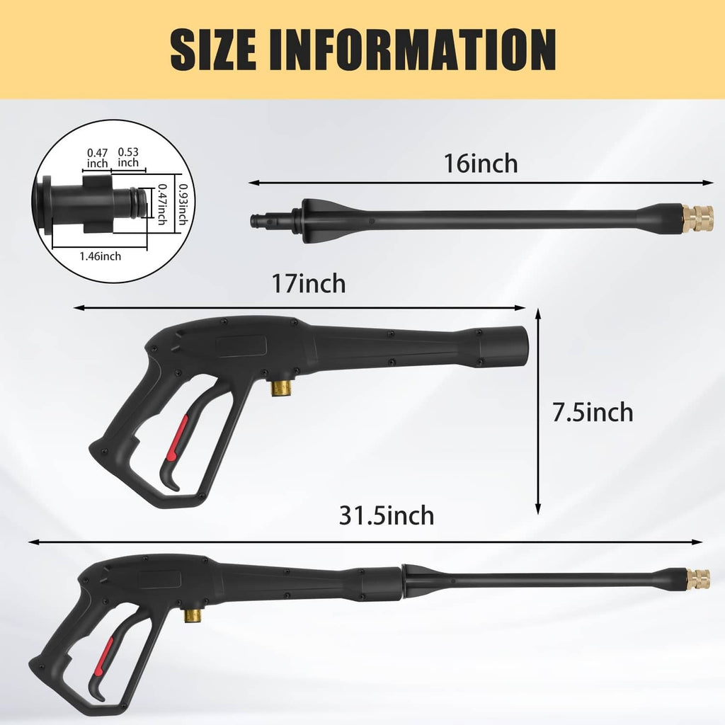 Black pressure washer spray gun with long wand and brass quick-connect end