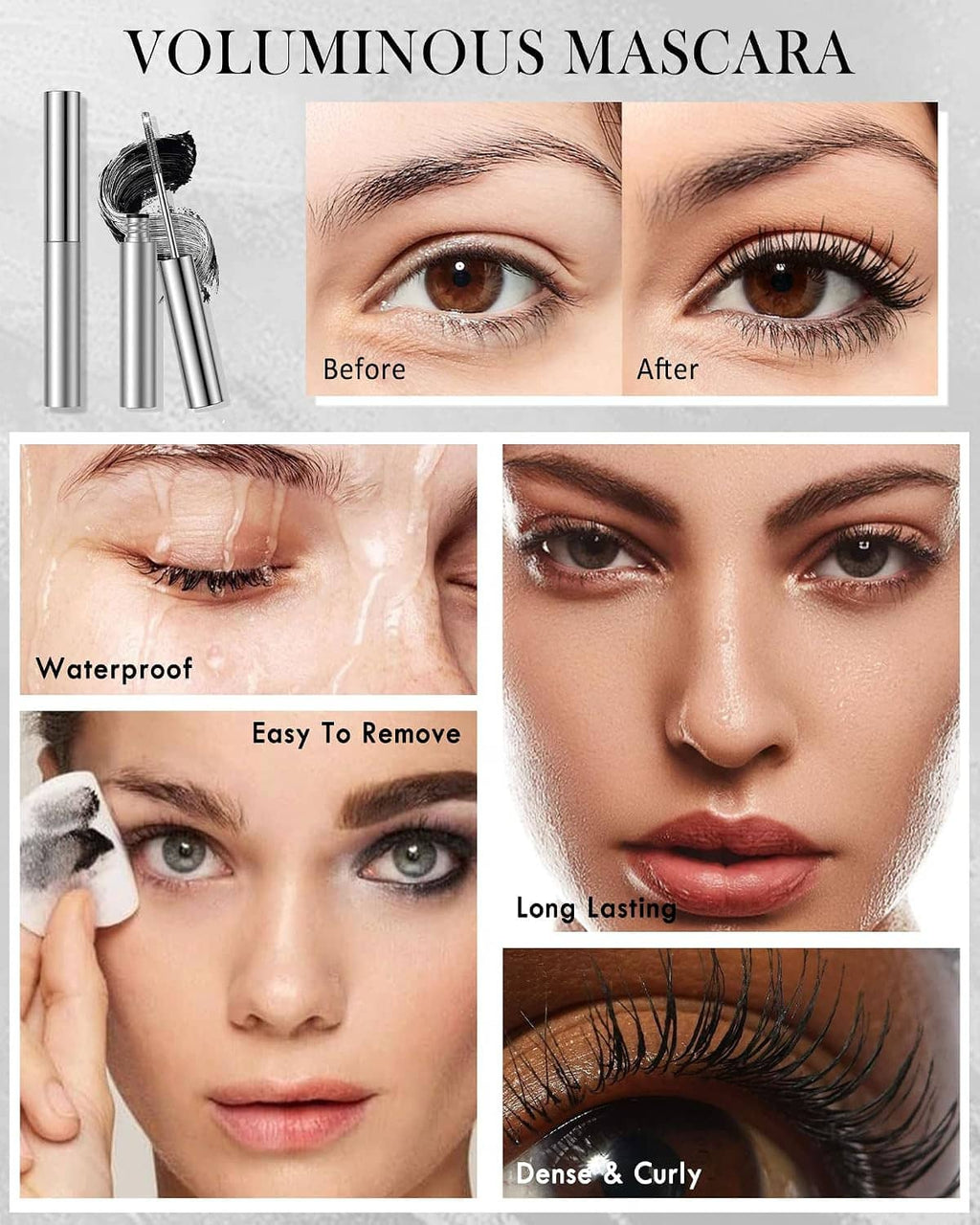 Voluminous mascara on model lashes with before-and-after close-ups and silver tube