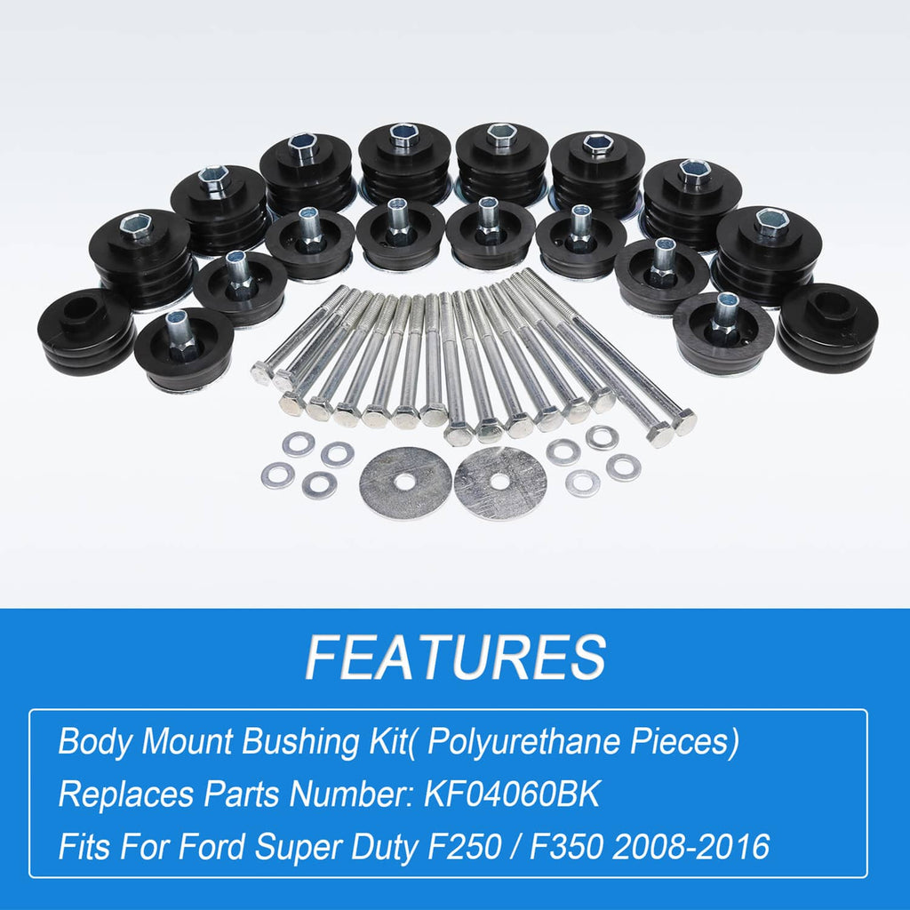 Body cab mount kit set with black mounts, silver hardware bolts, and washers