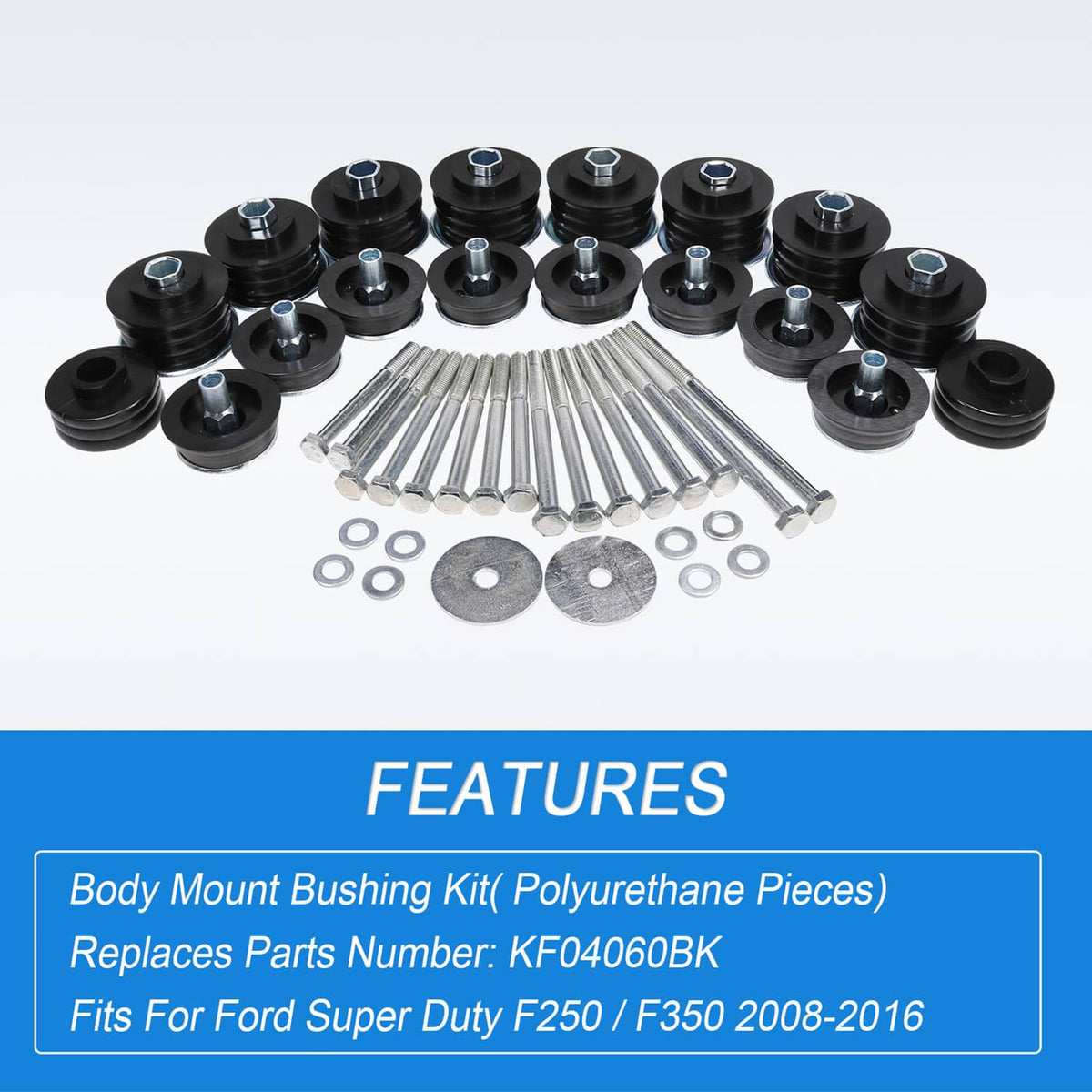 Body cab mount kit set with black mounts, silver hardware bolts, and washers