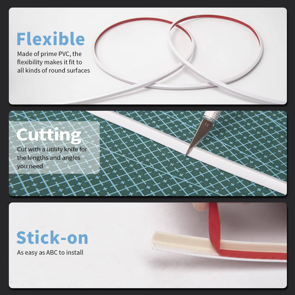 Flexible white vinyl corner trim tape, shown with cutting and stick-on steps