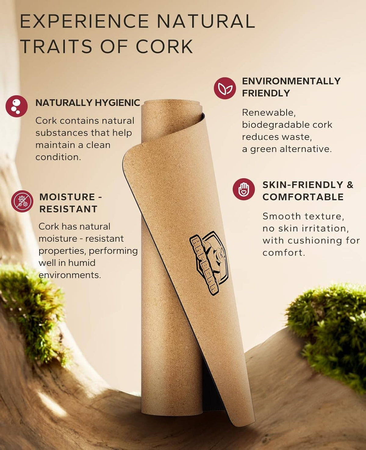 Rolled cork yoga mat with tan surface and black anti-slip backing, natural traits icons