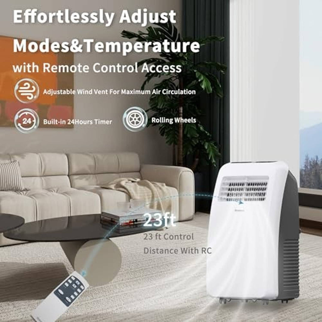 White portable air conditioner with remote control and front vent