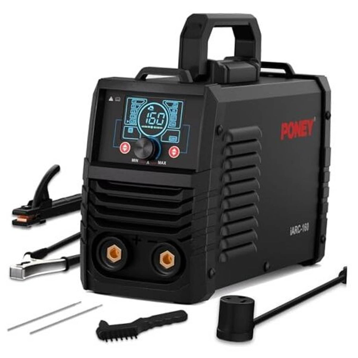 Portable inverter welder with digital display, handle, and included welding accessories
