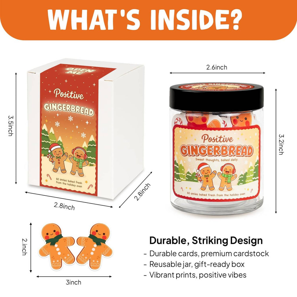 Gingerbread affirmation jar with gift box, shown with size measurements and card icons
