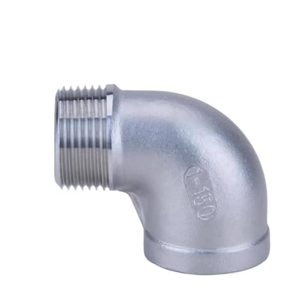 Stainless steel 90° elbow pipe fitting showing 1 in male NPT thread and female port.