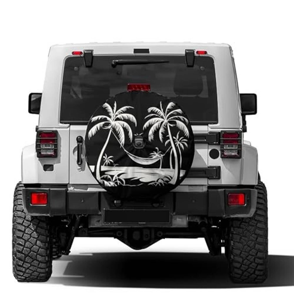 Black spare tire cover with white palm tree graphic; camera-hole opening visible