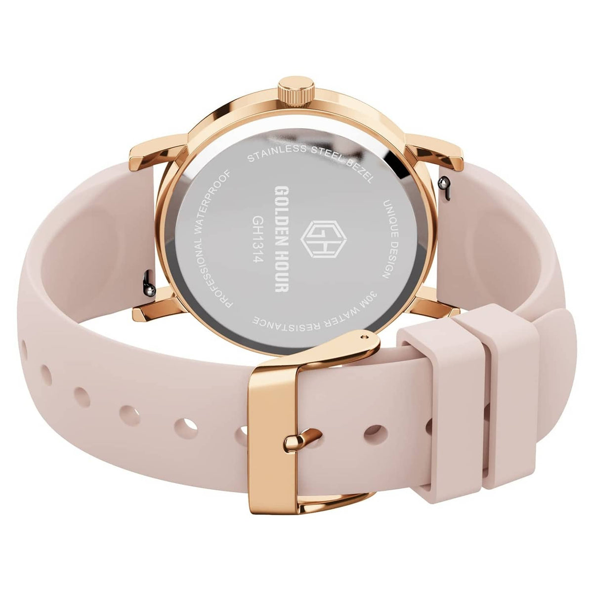 Rose gold-tone watch back with stainless-steel case on blush silicone strap