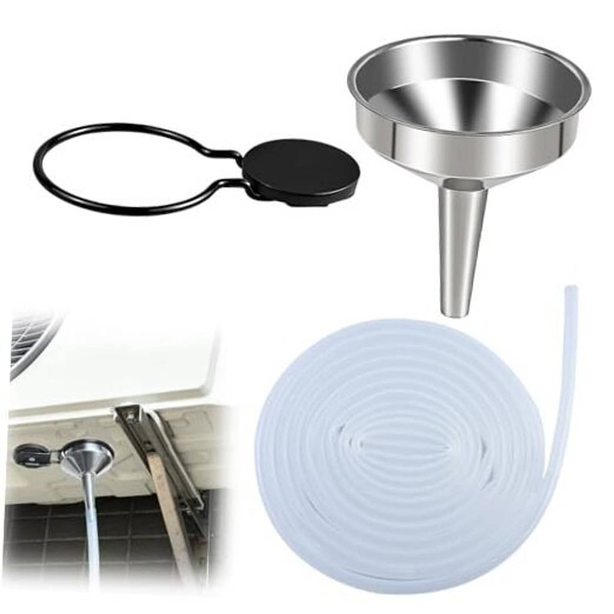 Magnetic condensate drain redirector kit with metal funnel, black magnetic base, hose loop