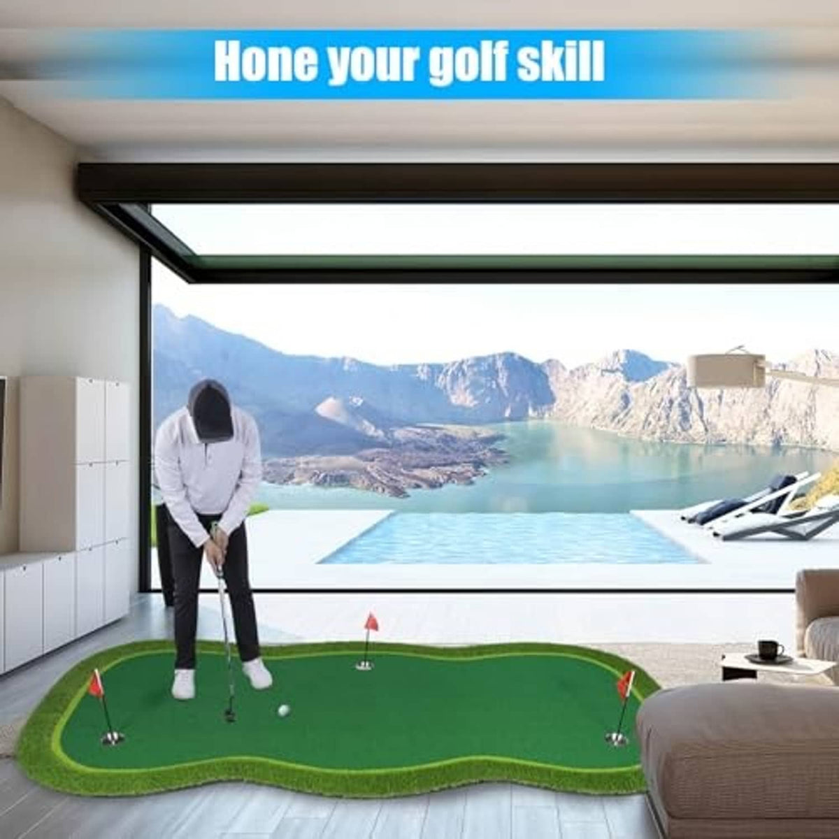 Golf putting green mat, green turf with four hole cups and red flags for practice indoors
