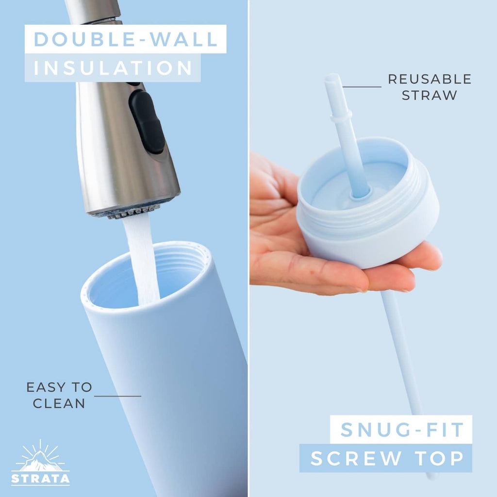 Double-wall skinny tumbler with lid and reusable straw, snug-fit screw top