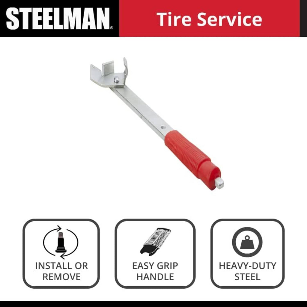 Heavy-duty valve stem remover/installer tool with red handle and metal clamp ends