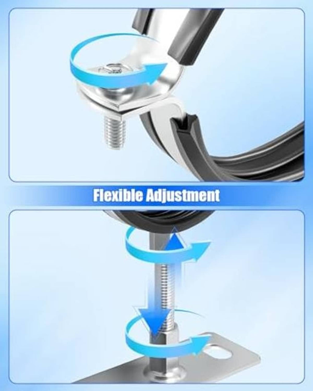 Close-up of adjustable split-ring pipe hanger with threaded rod, square base, and black ring