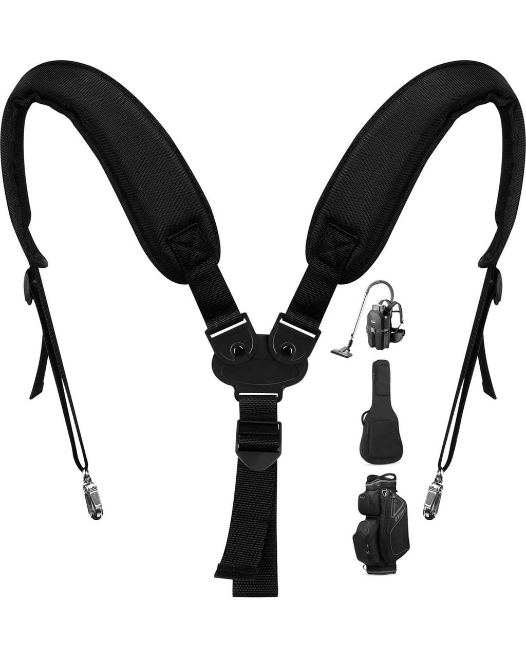 Black double shoulder golf bag strap set with adjustable swivel clips and buckles