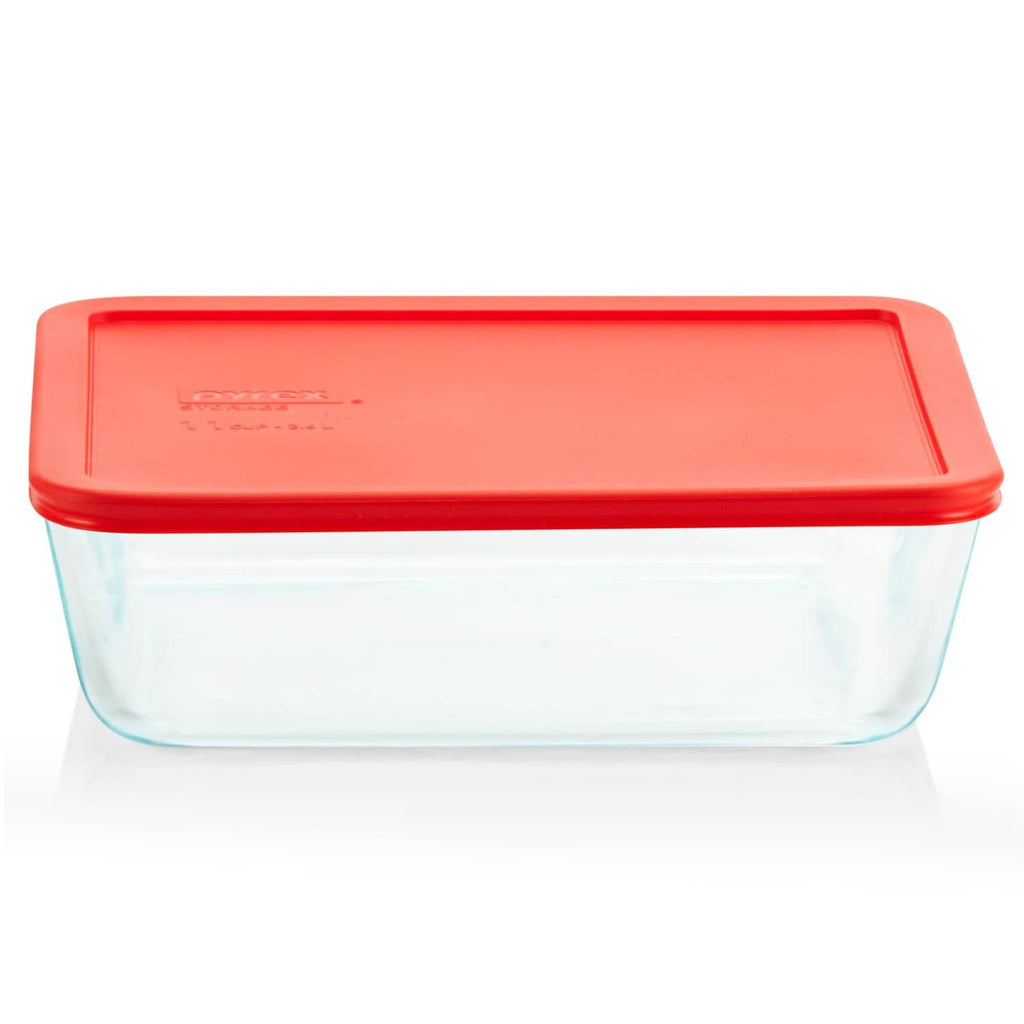 11-cup Pyrex glass food storage container with red snug-fit lid