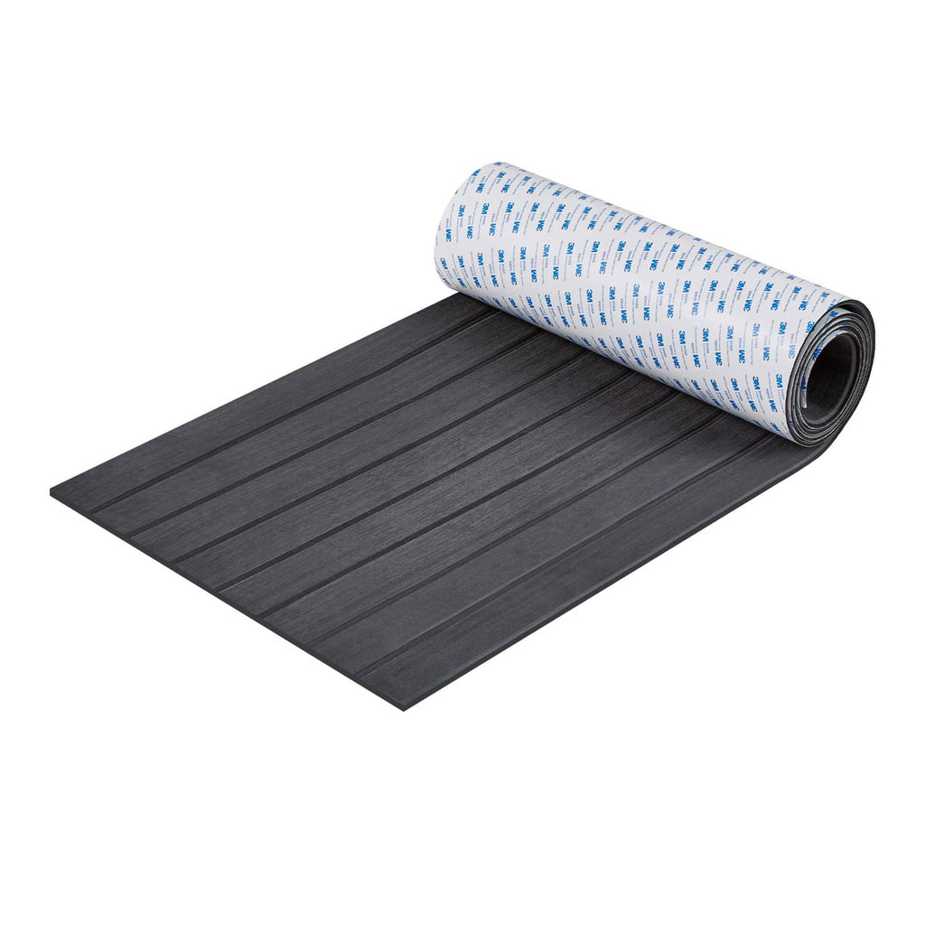 Dark gray EVA foam boat deck flooring sheet with rolled light-blue patterned backing