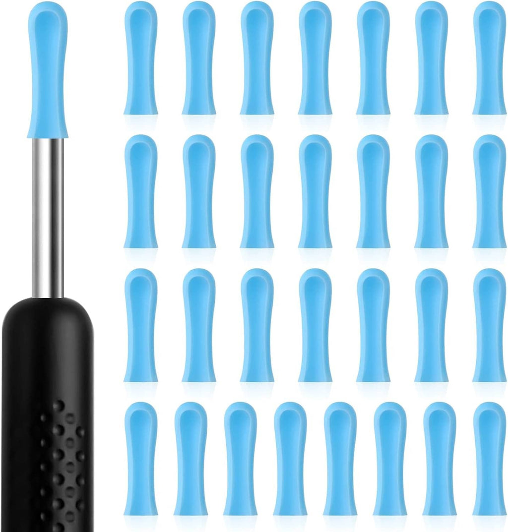 Multiple blue ear swab replacement tips on metal sticks