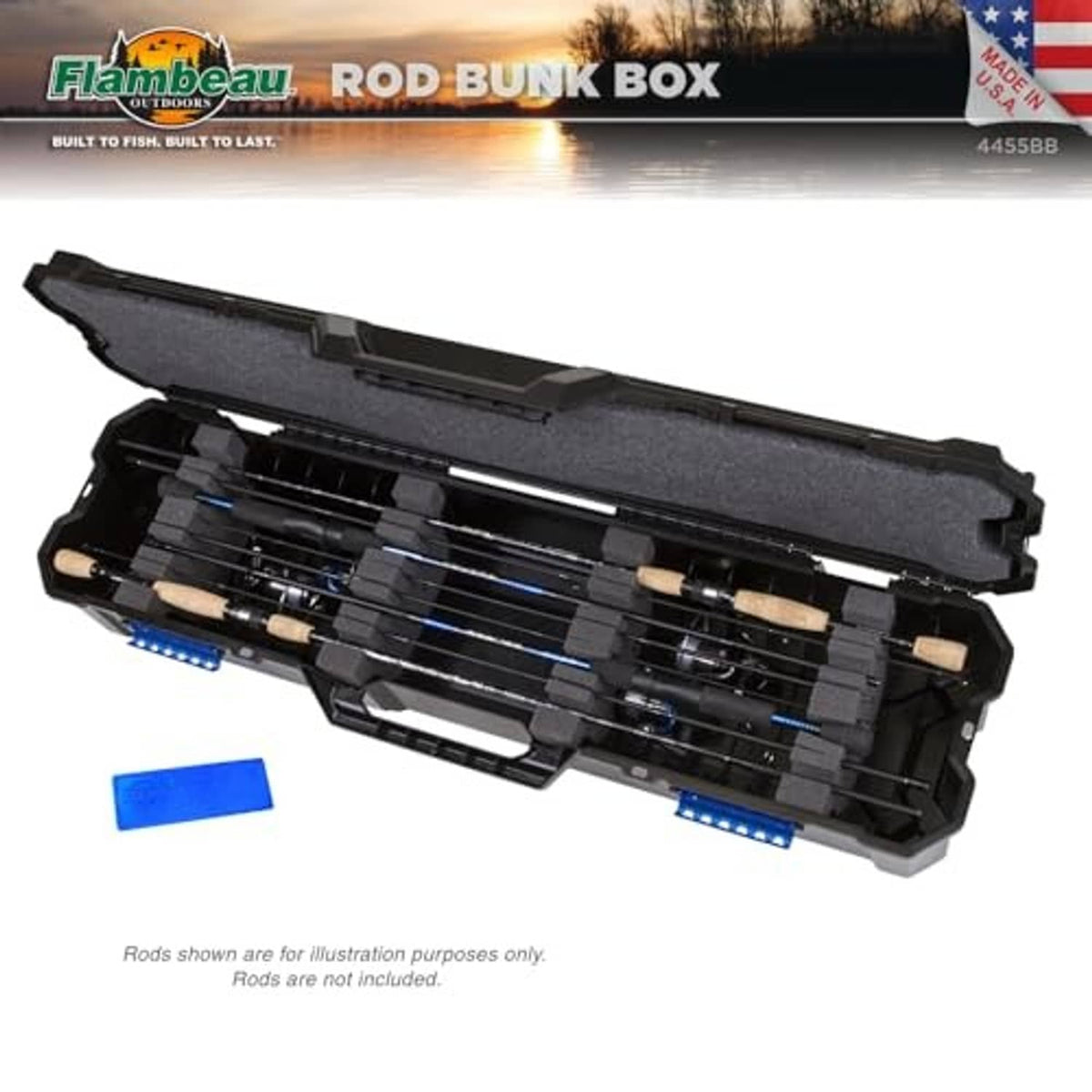 Black rod bunk box open to show rod holders and foam insert slots inside.
