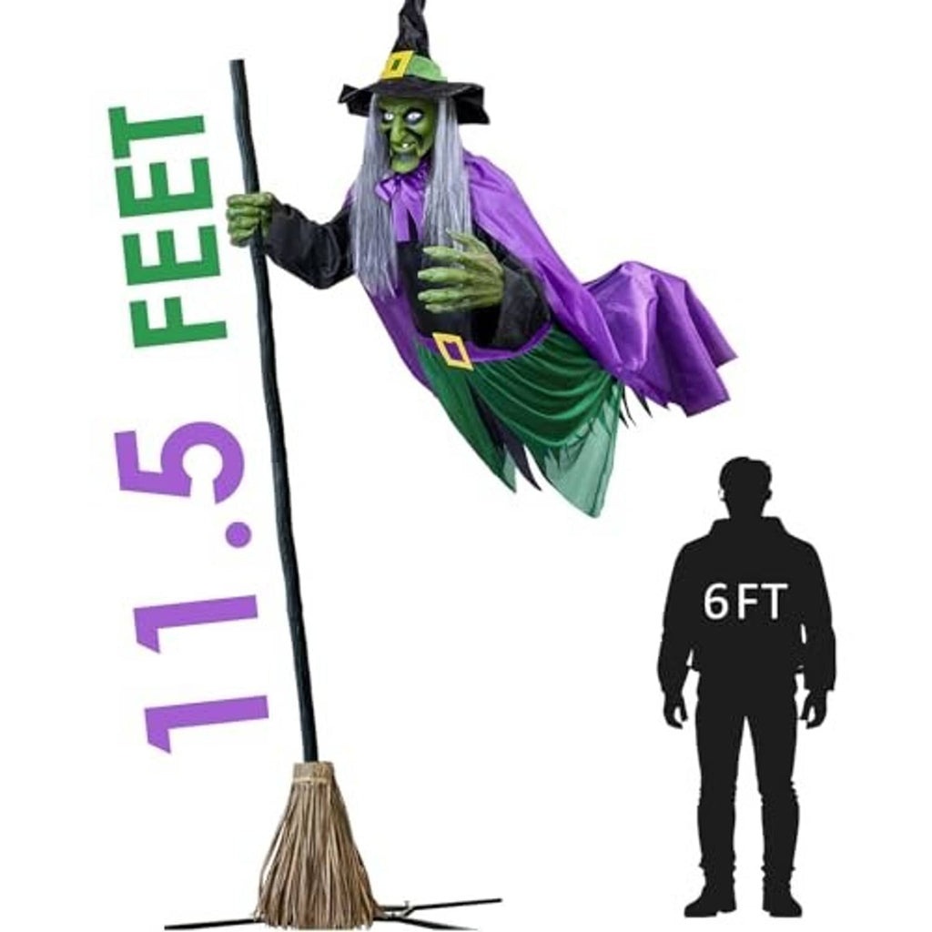 Tall animated witch decoration hovering above broom, green face with purple robe and cape