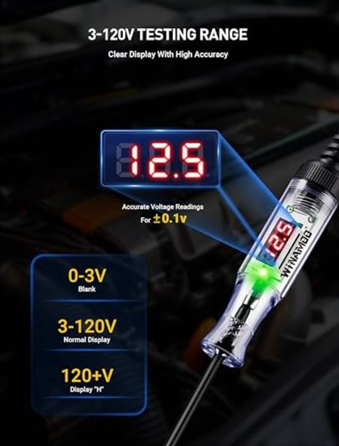 Automotive circuit tester showing 12.5V on blue backlit digital display