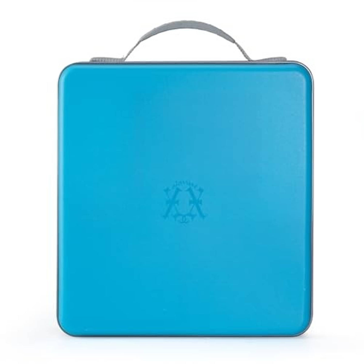 Sky blue hard plastic CD case organizer with carry handle and embossed logo on front.