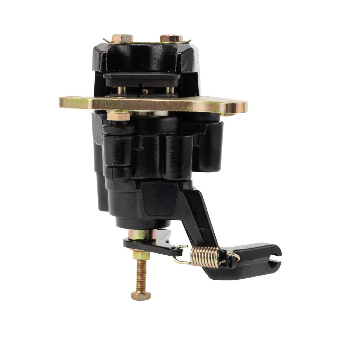 Rear brake caliper in black with gold rotor-side bracket and return spring