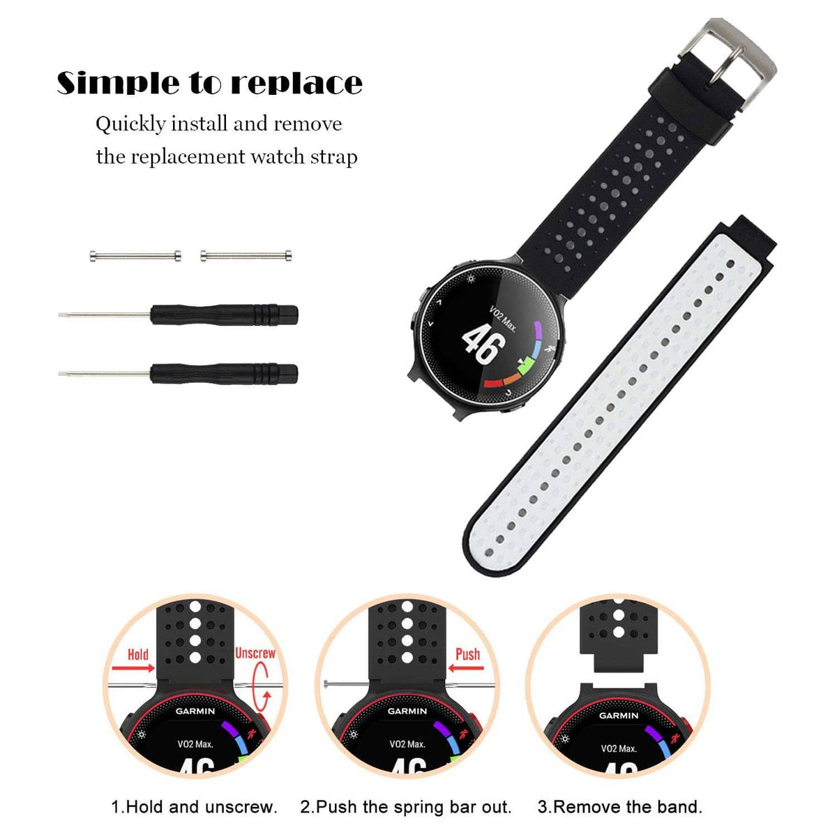 Black perforated replacement watch strap with quick-swap spring bar tools