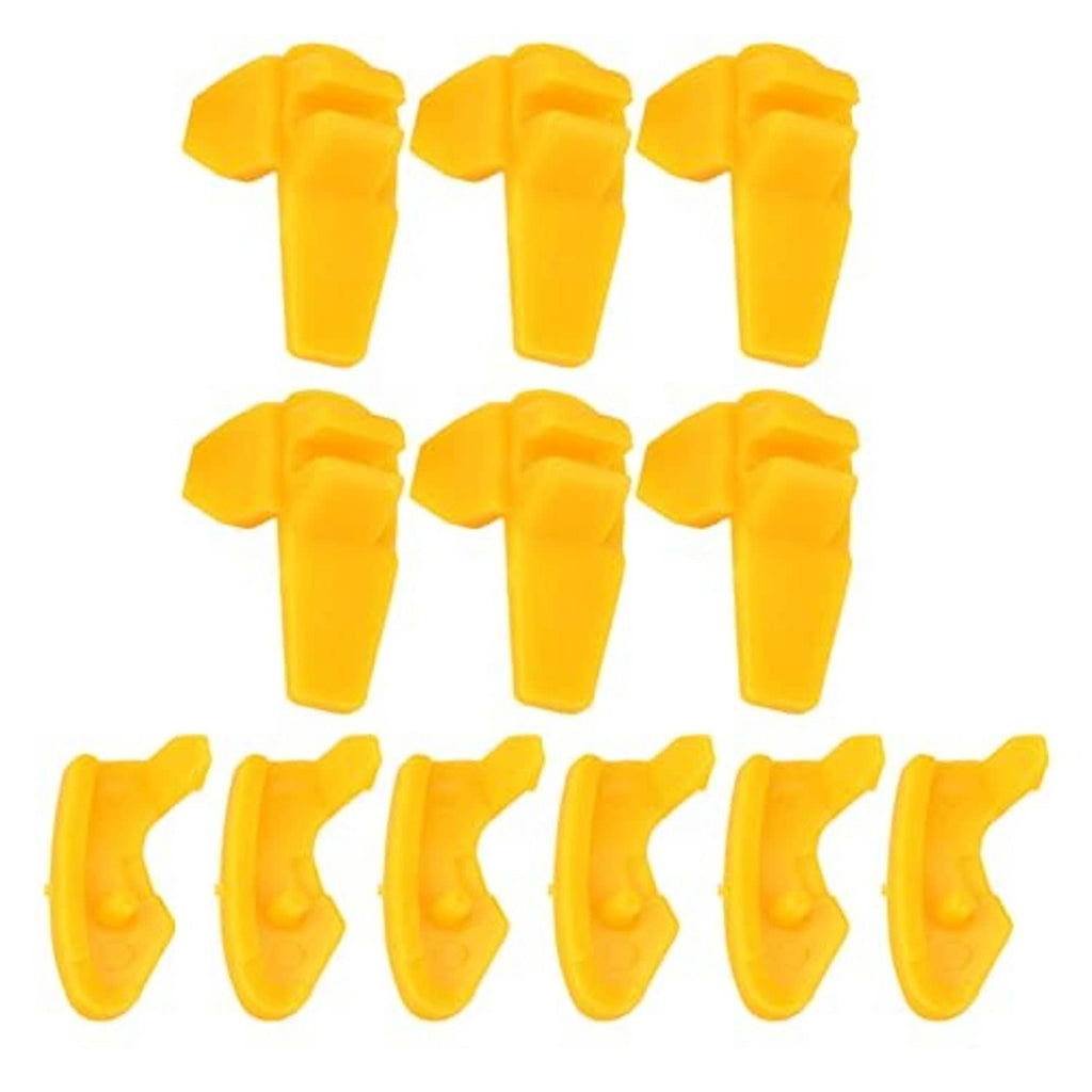 Twelve yellow tire rim mounting tools: T-handle grips and curved hooks