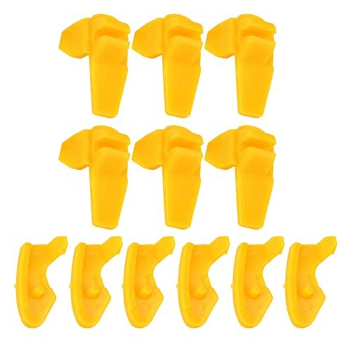 Twelve yellow tire rim mounting tools: T-handle grips and curved hooks