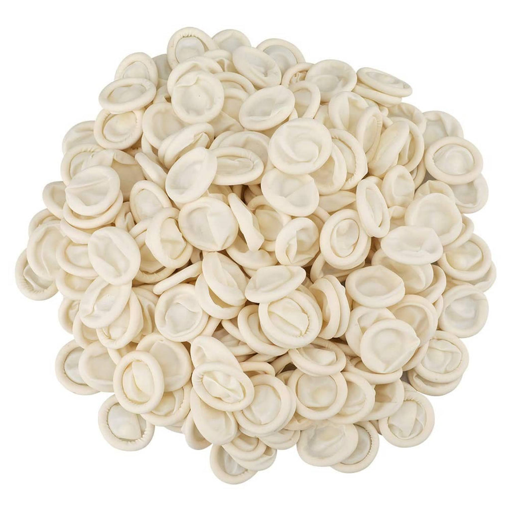 White disposable latex finger cots, bulk pile of small fingertip sleeves