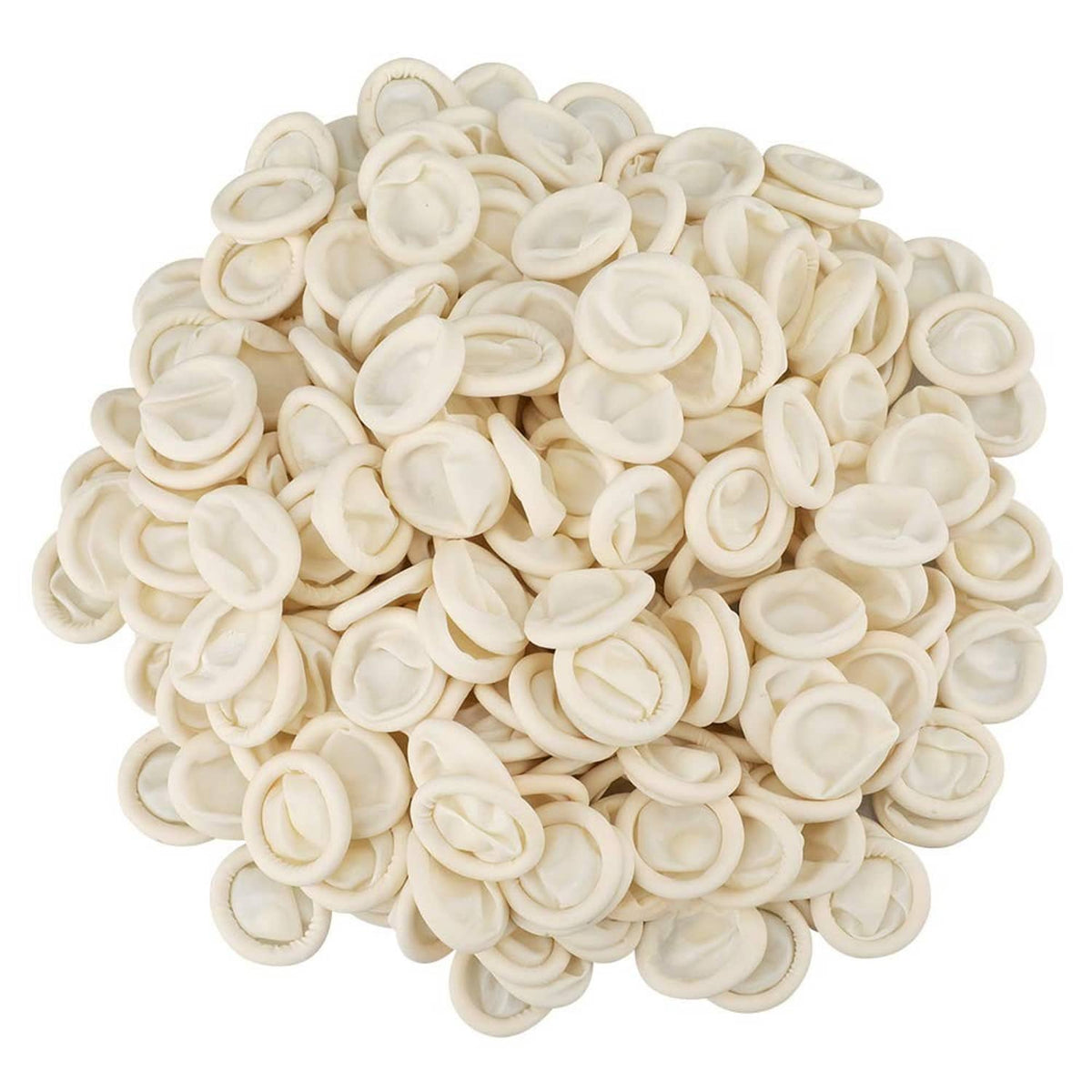 White disposable latex finger cots, bulk pile of small fingertip sleeves